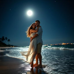 A romantic scene depicting a couple embracing each other under a starry night sky