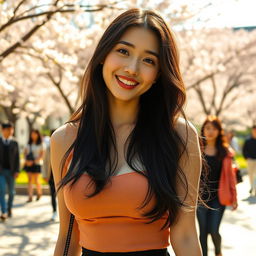 A stunning South Korean female university student with large, round breasts, possessing a playful and teasing demeanor