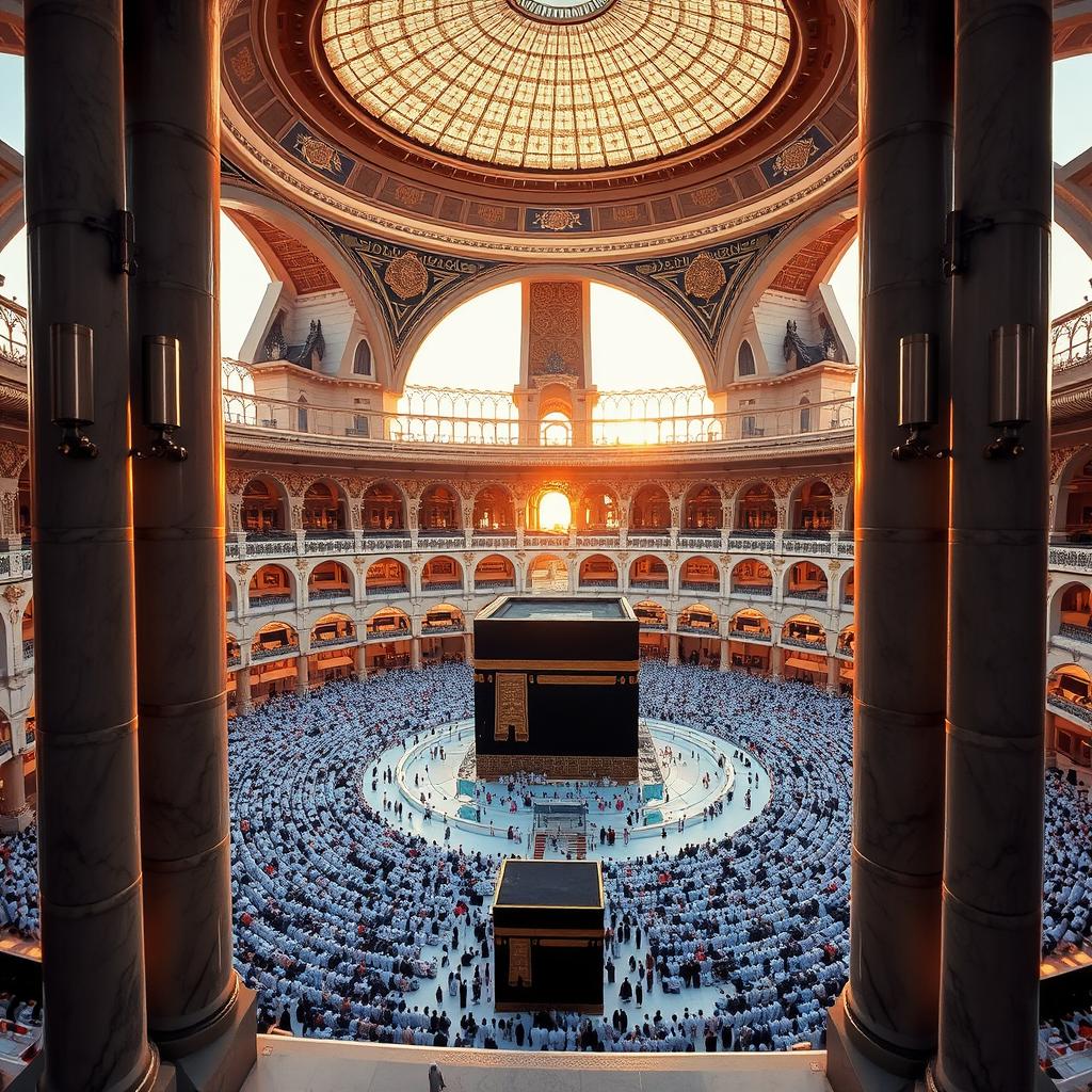 A stunning view of the Kaaba inside the Masjid al-Haram, showcasing the grandeur of the mosque with its intricate architecture and vast prayer area filled with worshippers