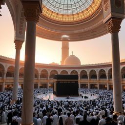 A stunning view of the Kaaba inside the Masjid al-Haram, showcasing the grandeur of the mosque with its intricate architecture and vast prayer area filled with worshippers