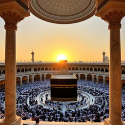 A stunning view of the Kaaba inside the Masjid al-Haram, showcasing the grandeur of the mosque with its intricate architecture and vast prayer area filled with worshippers