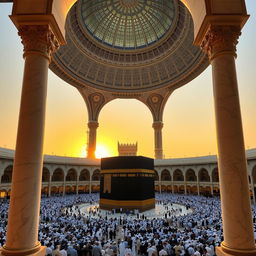 A stunning view of the Kaaba inside the Masjid al-Haram, showcasing the grandeur of the mosque with its intricate architecture and vast prayer area filled with worshippers