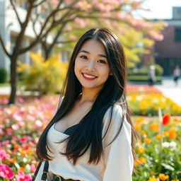 A beautiful South Korean university student with large, round breasts, exuding a flirtatious and fun personality