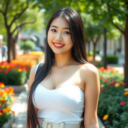 A beautiful South Korean university student with large, round breasts, exuding a flirtatious and fun personality
