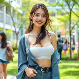 A beautiful South Korean female university student with large, round breasts, exuding a playful and flirtatious demeanor