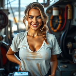 A super sexy Scandinavian woman smiling and looking directly into the camera, showcasing her confidence and charm