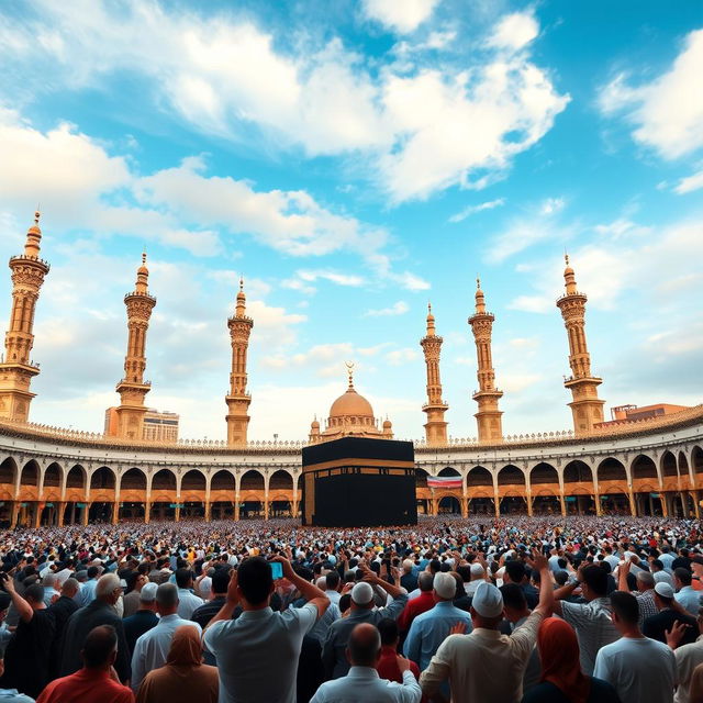 A stunning view of Masjid al-Haram, featuring the Kaaba in the center, surrounded by a large crowd of pilgrims in various traditional attire