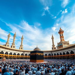 A stunning view of Masjid al-Haram, featuring the Kaaba in the center, surrounded by a large crowd of pilgrims in various traditional attire