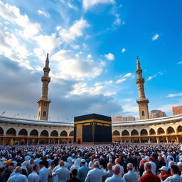 A stunning view of Masjid al-Haram, featuring the Kaaba in the center, surrounded by a large crowd of pilgrims in various traditional attire