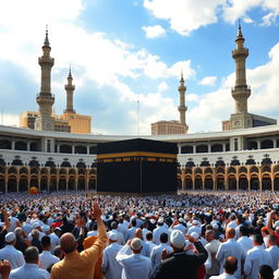 A stunning view of Masjid al-Haram, featuring the Kaaba in the center, surrounded by a large crowd of pilgrims in various traditional attire