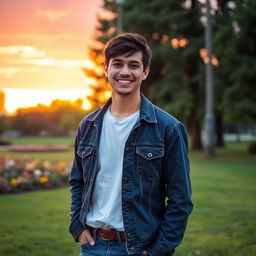 A charming young man standing in a beautiful park during sunset, with vibrant orange and pink sky