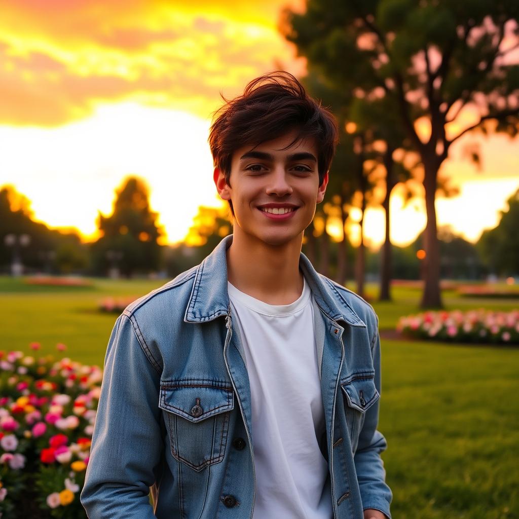 A charming young man standing in a beautiful park during sunset, with vibrant orange and pink sky