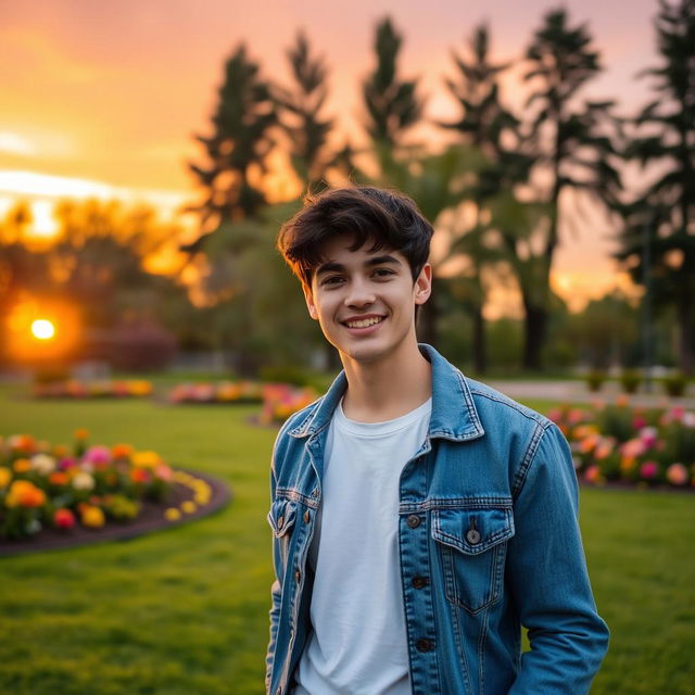 A charming young man standing in a beautiful park during sunset, with vibrant orange and pink sky