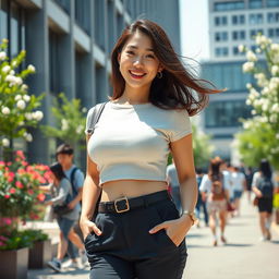 A stunningly beautiful South Korean female university student with exceptionally large, round breasts, embodying a playful and flirtatious charm