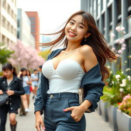 A stunningly beautiful South Korean female university student with exceptionally large, round breasts, embodying a playful and flirtatious charm