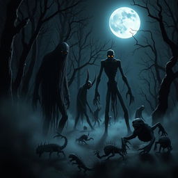 A collection of creepy creatures in a dark, eerie forest at night