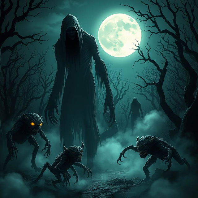 A collection of creepy creatures in a dark, eerie forest at night