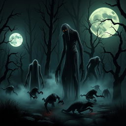A collection of creepy creatures in a dark, eerie forest at night