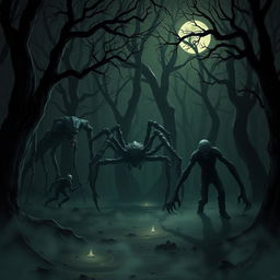 A dark, eerie forest filled with a variety of creepy creatures emerging from the shadows