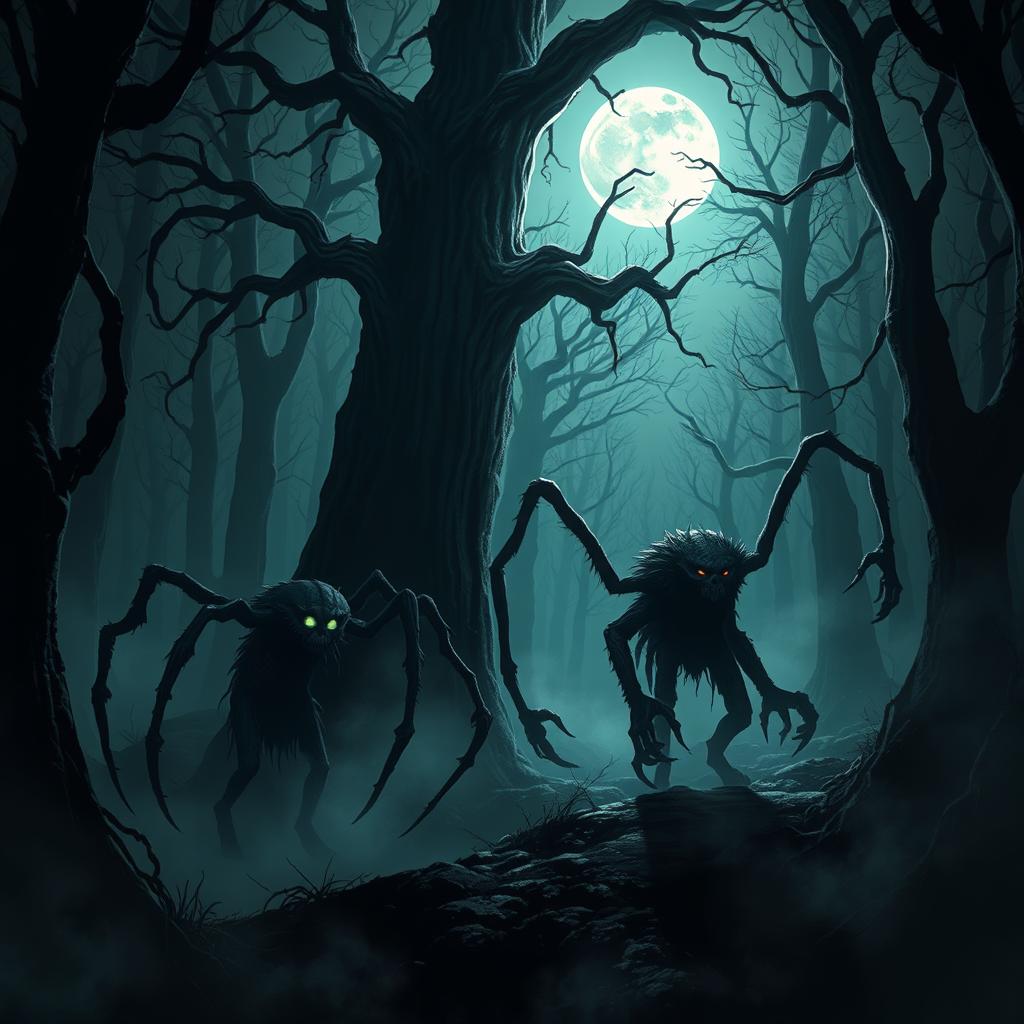 A dark, eerie forest filled with a variety of creepy creatures emerging from the shadows