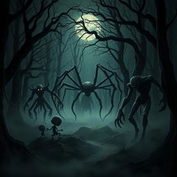 A dark, eerie forest filled with a variety of creepy creatures emerging from the shadows