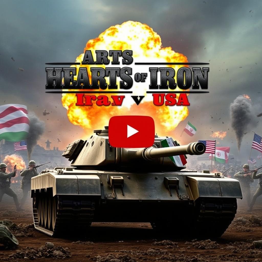 A YouTube thumbnail depicting a dramatic and intense scene of an armored tank from the game "Hearts of Iron" in a stylized war setting, showcasing a fierce battle between Iranian forces and American troops