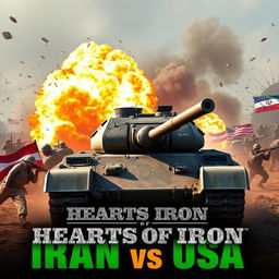 A YouTube thumbnail depicting a dramatic and intense scene of an armored tank from the game "Hearts of Iron" in a stylized war setting, showcasing a fierce battle between Iranian forces and American troops