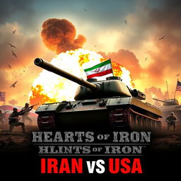 A YouTube thumbnail depicting a dramatic and intense scene of an armored tank from the game "Hearts of Iron" in a stylized war setting, showcasing a fierce battle between Iranian forces and American troops