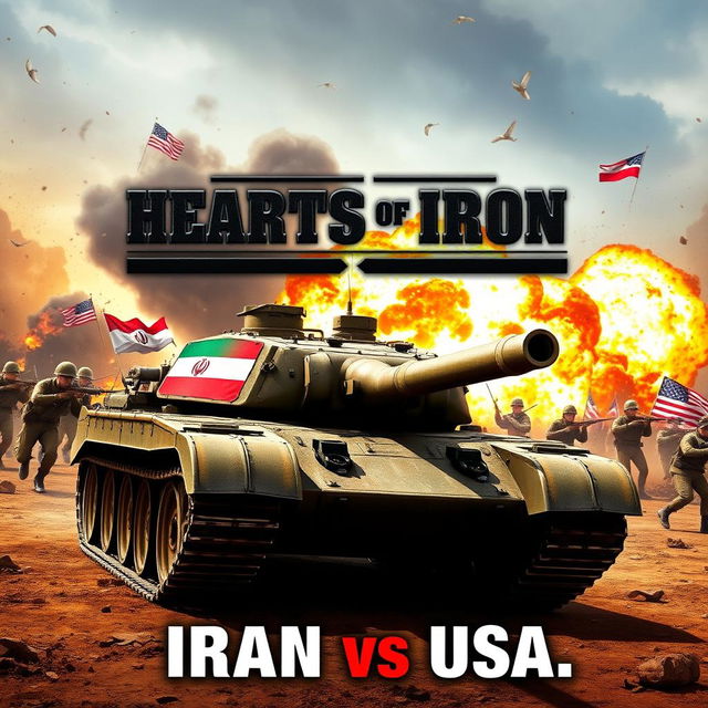 A YouTube thumbnail depicting a dramatic and intense scene of an armored tank from the game "Hearts of Iron" in a stylized war setting, showcasing a fierce battle between Iranian forces and American troops