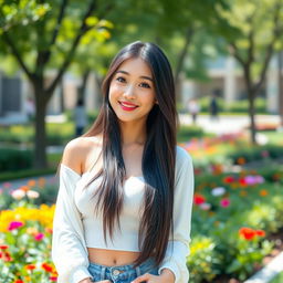 A beautiful South Korean university student with large breasts, exuding a playful and flirty demeanor