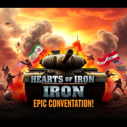 A captivating and visually stunning YouTube thumbnail for a video on "Hearts of Iron: Iran vs USA", featuring a dramatic, stylized portrayal of a fierce battle scenario