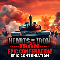 A captivating and visually stunning YouTube thumbnail for a video on "Hearts of Iron: Iran vs USA", featuring a dramatic, stylized portrayal of a fierce battle scenario
