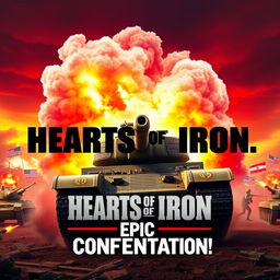 A captivating and visually stunning YouTube thumbnail for a video on "Hearts of Iron: Iran vs USA", featuring a dramatic, stylized portrayal of a fierce battle scenario