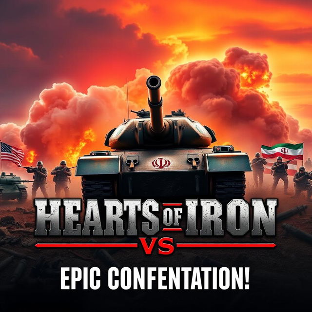 A captivating and visually stunning YouTube thumbnail for a video on "Hearts of Iron: Iran vs USA", featuring a dramatic, stylized portrayal of a fierce battle scenario