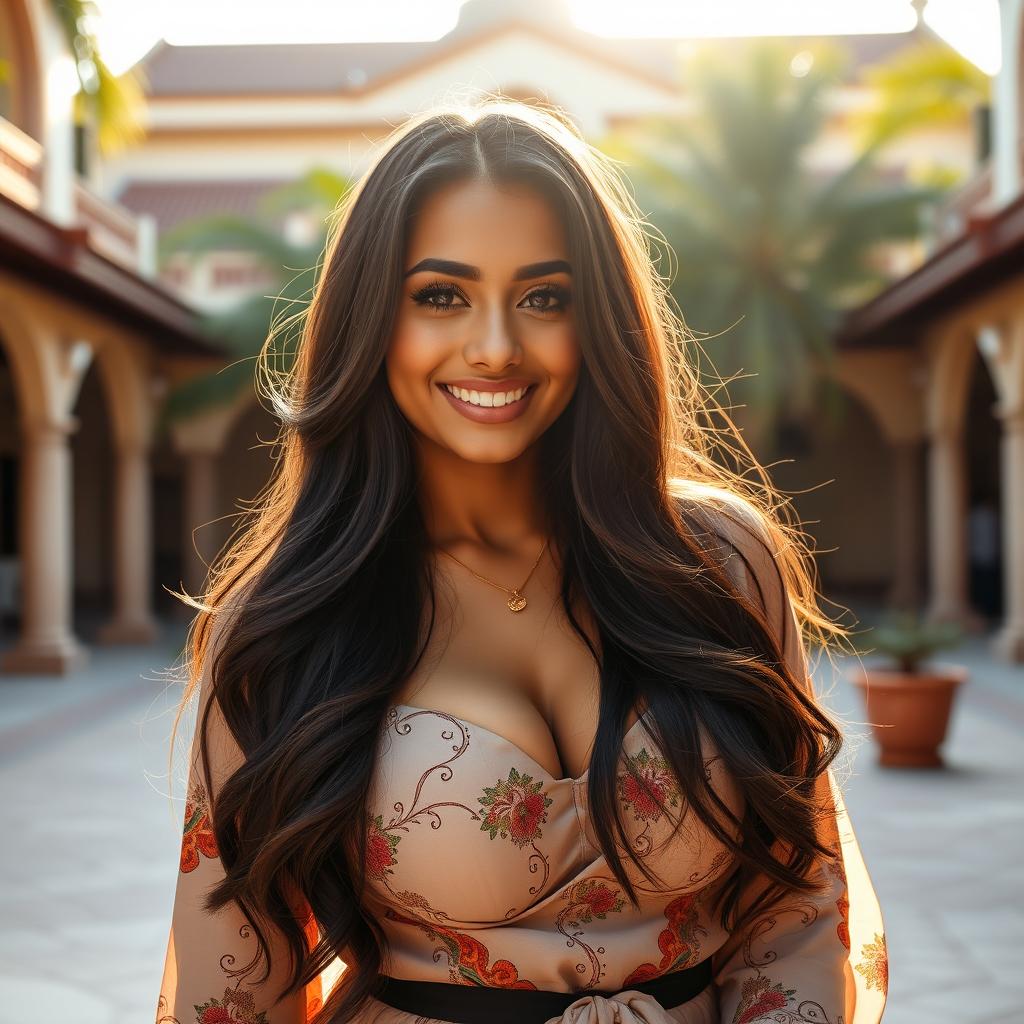 A beautiful Omani university student with large breasts, showcasing a playful and flirtatious personality