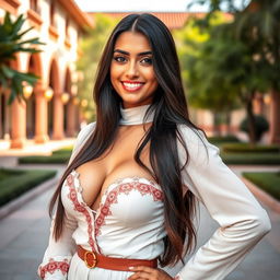 A beautiful Omani university student with large breasts, showcasing a playful and flirtatious personality