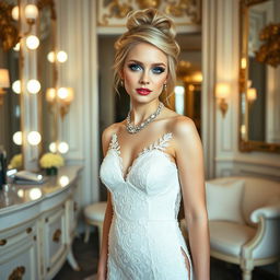 A full length photograph of a soft curvy, thin-faced 19-year-old girl with blond hair styled in an elegant updo