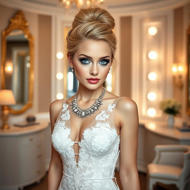 A full length photograph of a soft curvy, thin-faced 19-year-old girl with blond hair styled in an elegant updo