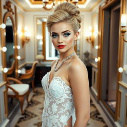 A full length photograph of a soft curvy, thin-faced 19-year-old girl with blond hair styled in an elegant updo
