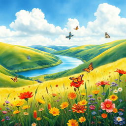 A close-up of a vibrant watercolor painting of a lush green landscape with rolling hills, a serene river winding through, and a clear blue sky with fluffy white clouds