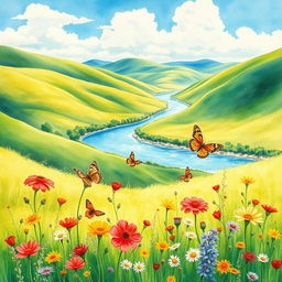 A close-up of a vibrant watercolor painting of a lush green landscape with rolling hills, a serene river winding through, and a clear blue sky with fluffy white clouds
