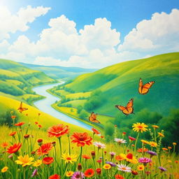 A close-up of a vibrant watercolor painting of a lush green landscape with rolling hills, a serene river winding through, and a clear blue sky with fluffy white clouds