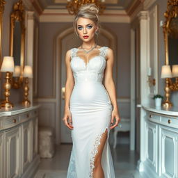 A full length photograph of a soft curvy 19-year-old girl with a thin face and blond hair styled in an elegant updo