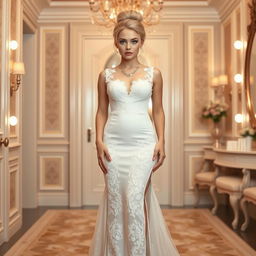 A full length photograph of a soft curvy 19-year-old girl with a thin face and beautiful blond hair styled in an elegant updo