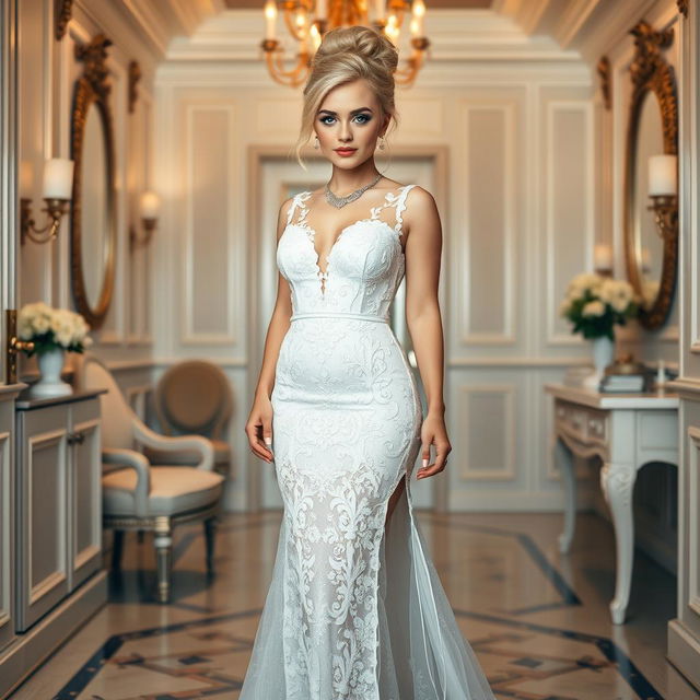 A full length photograph of a soft curvy 19-year-old girl with a thin face and beautiful blond hair styled in an elegant updo