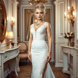A full length photograph of a soft curvy 19-year-old girl with a thin face and beautiful blond hair styled in an elegant updo