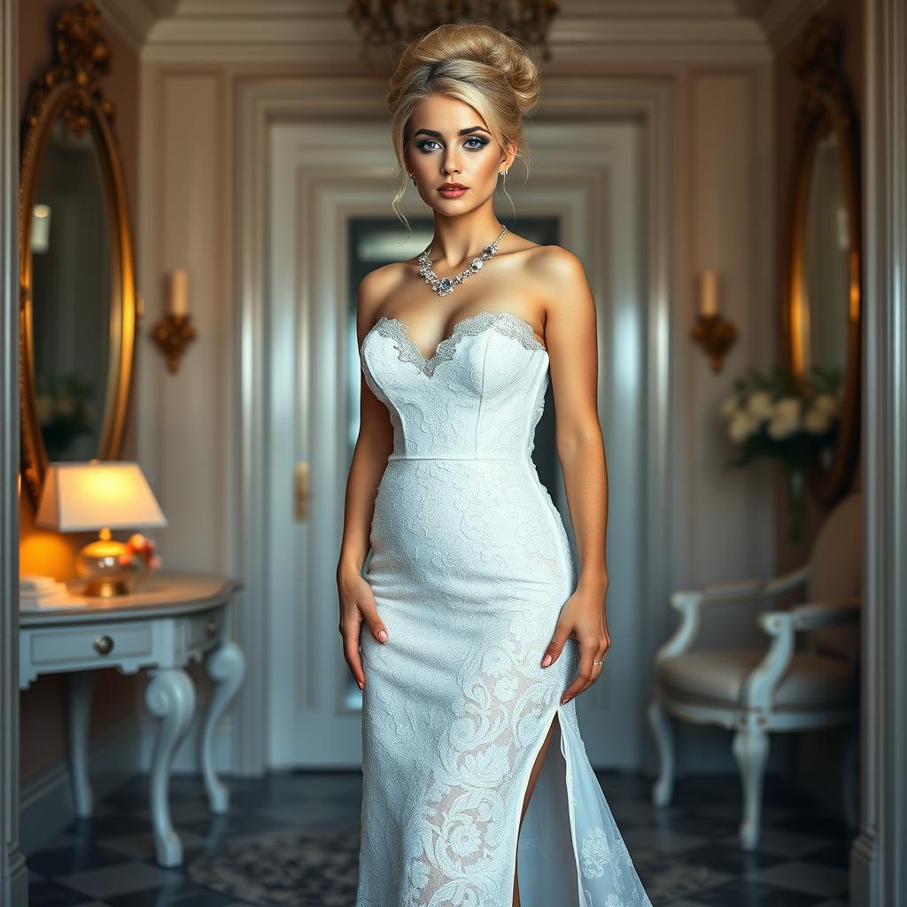 A full length photograph of a soft curvy 19-year-old girl with a thin face and beautiful blond hair styled in an elegant updo