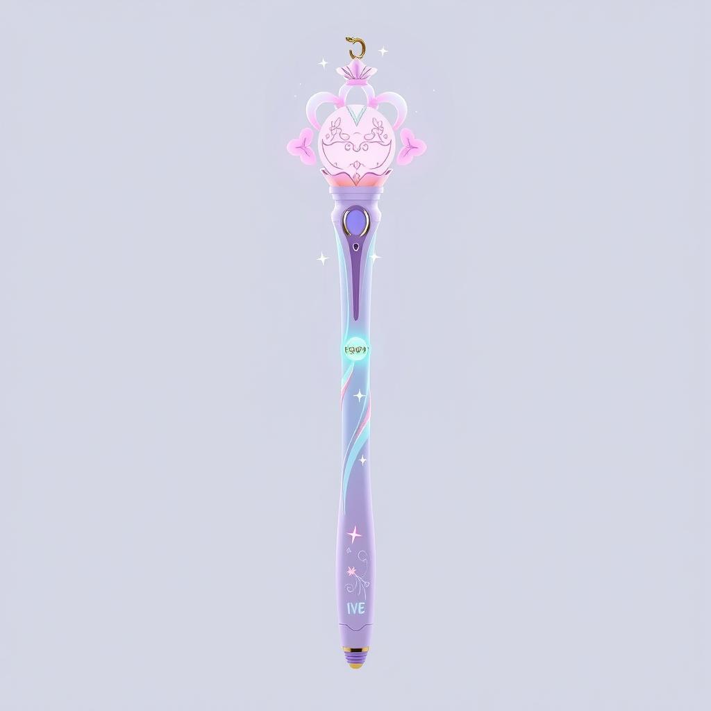 A beautifully designed lightstick inspired by the aesthetic of IVE's Rei, featuring soft pastel colors like lavender, pink, and mint green