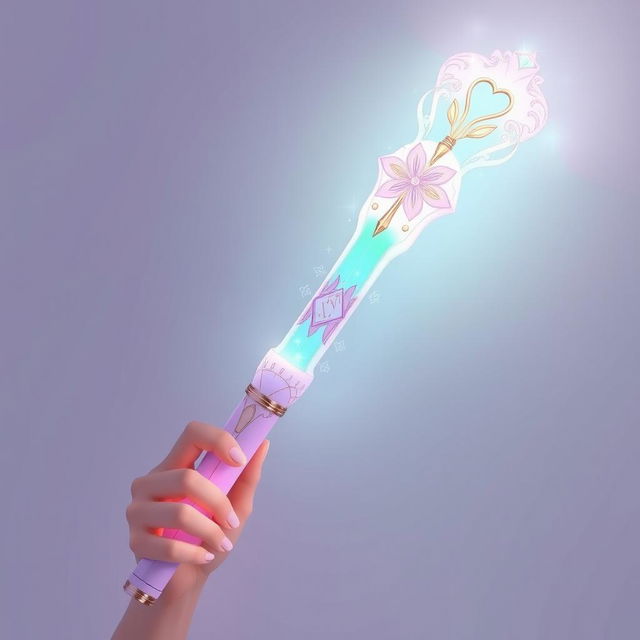 A beautifully designed lightstick inspired by the aesthetic of IVE's Rei, featuring soft pastel colors like lavender, pink, and mint green