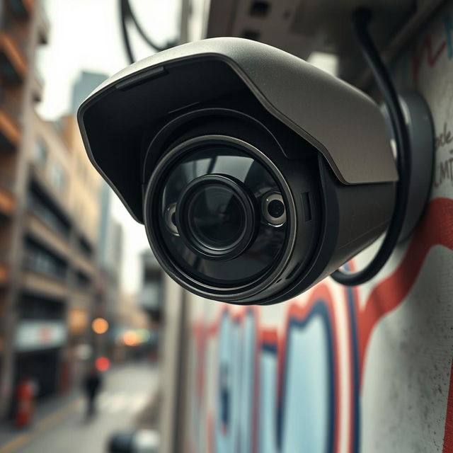 A detailed and realistic close-up view of an HD CCTV camera mounted on a wall, showcasing intricate features such as the lens, housing, and wiring